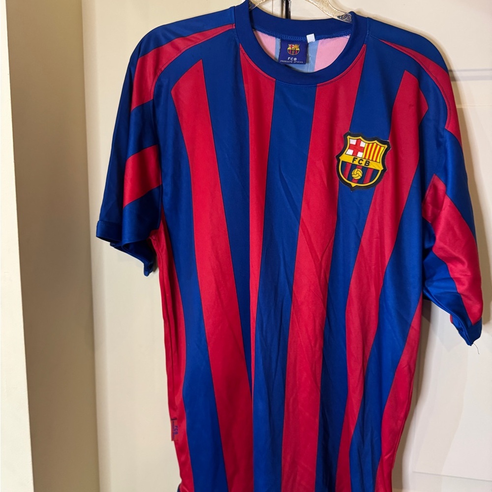 FCB Men's Blue and Red Striped Short Sleeve Tee